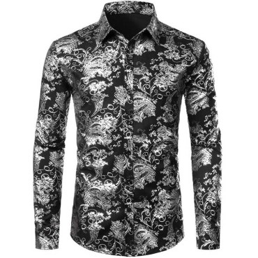 Men's Gold Floral Dress Shirt 3D Full Print Long Sleeve Button Down Shirts
