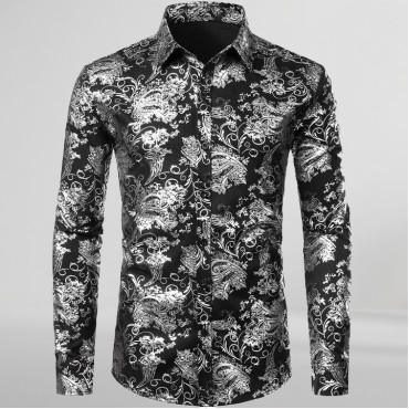 Men's Gold Floral Dress Shirt 3D Full Print Long Sleeve Button Down Shirts