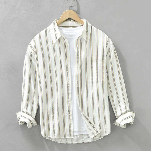 Men's Long Sleeve Button up Shirt Striped Casual Turn Down Collar Shirt