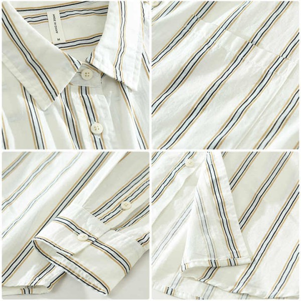 Men's Long Sleeve Button up Shirt Striped Casual Turn Down Collar Shirt