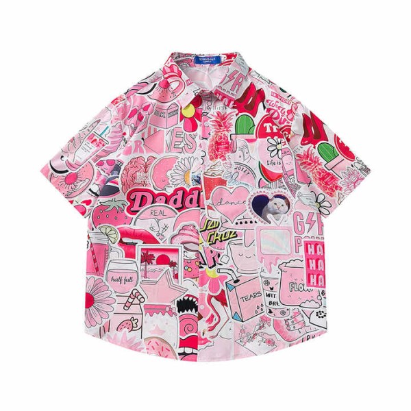 Hawaiian beach cartoon full printed short sleeve shirt