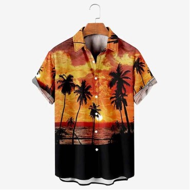 Coconut Tree Beach Sunset Print Men's Casual Short Sleeve